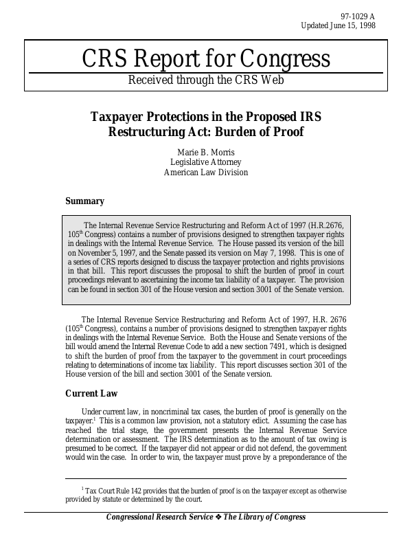 Taxpayer Protections in the Proposed IRS Restructuring Act Burden of