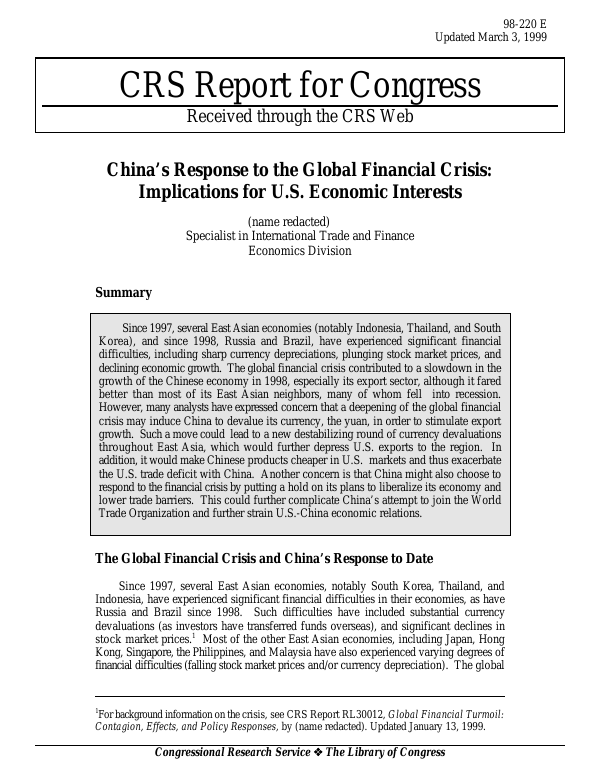 China's Response to the Global Financial Crisis: Implications for U.S ...