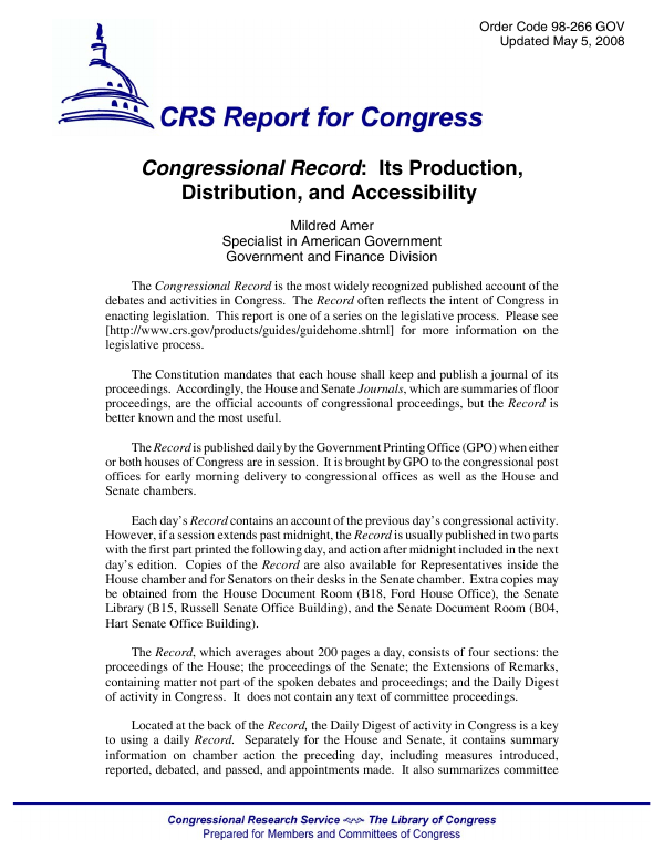 Congressional Record: Its Production, Distribution, and Accessibility ...