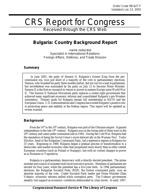 Bulgaria: Country Background Report - EveryCRSReport.com