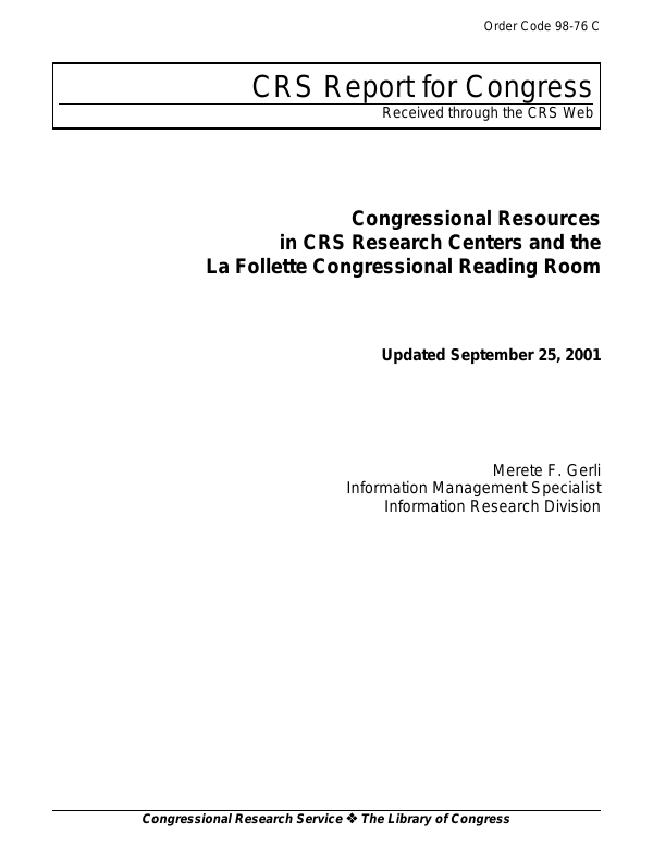 Congressional Resources in CRS Research Centers and the La Follette ...