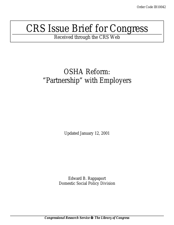 OSHA Reform: "Partnership" with Employers - EveryCRSReport.com