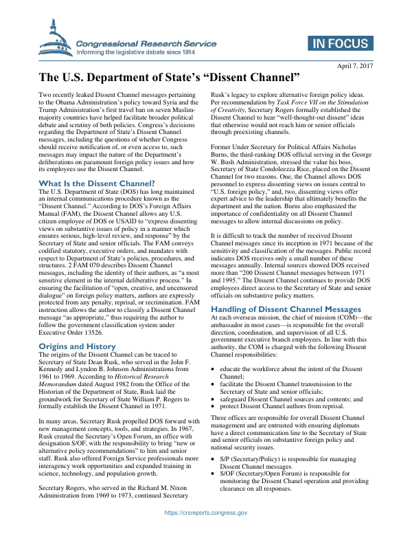 The U.S. Department of State’s “Dissent Channel” - EveryCRSReport.com