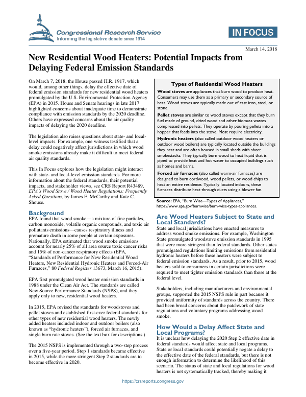 New Residential Wood Heaters Potential Impacts from Delaying Federal Emission Standards