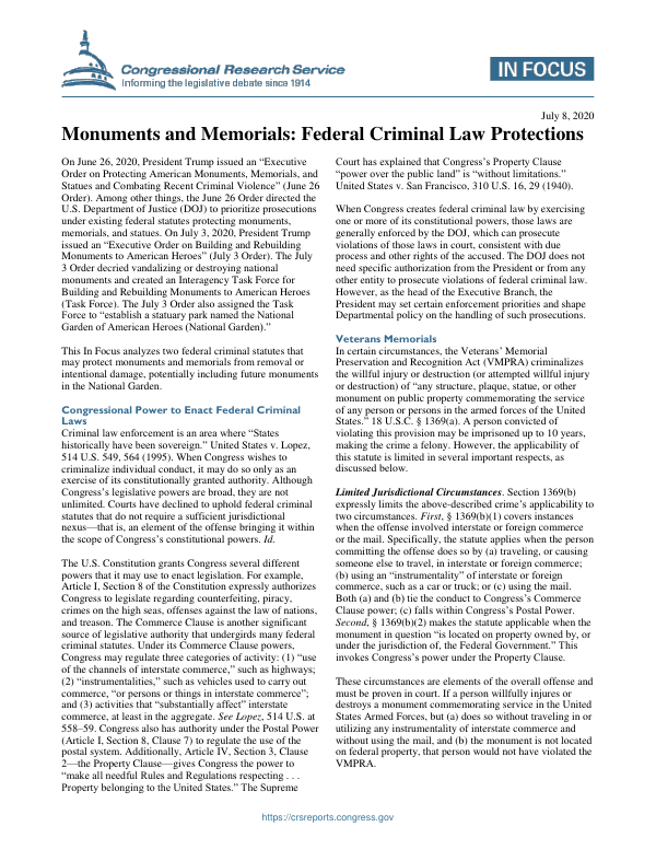 Monuments and Memorials Federal Criminal Law Protections