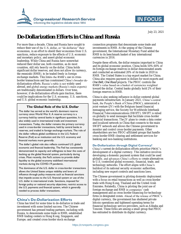 De-Dollarization Efforts in China and Russia - EveryCRSReport.com