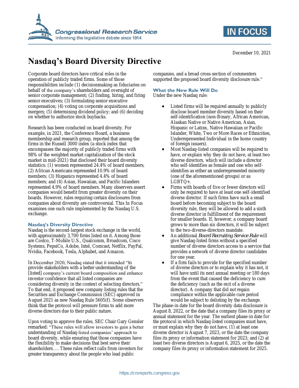Nasdaq’s Board Diversity Directive - EveryCRSReport.com
