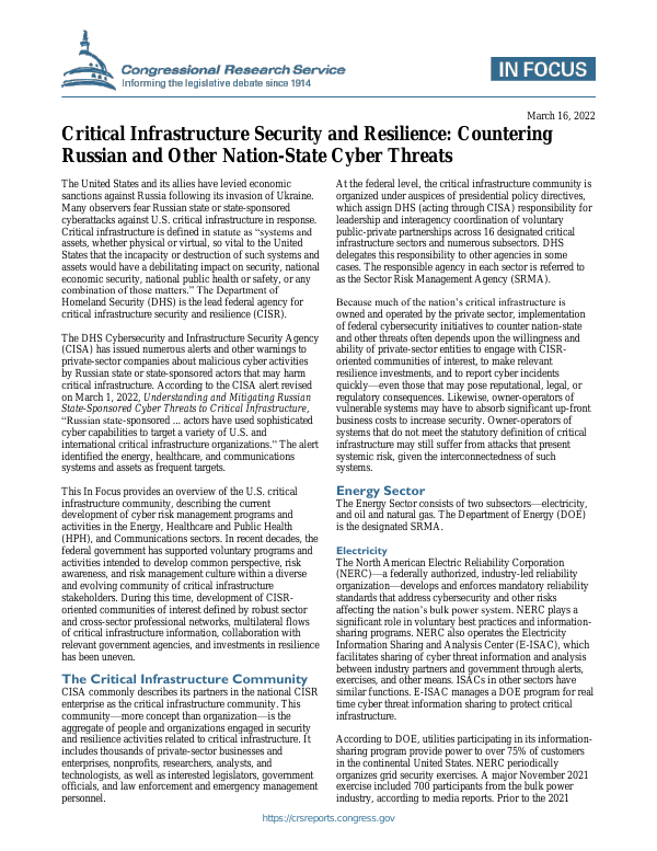 Critical Infrastructure Security and Resilience: Countering Russian and ...
