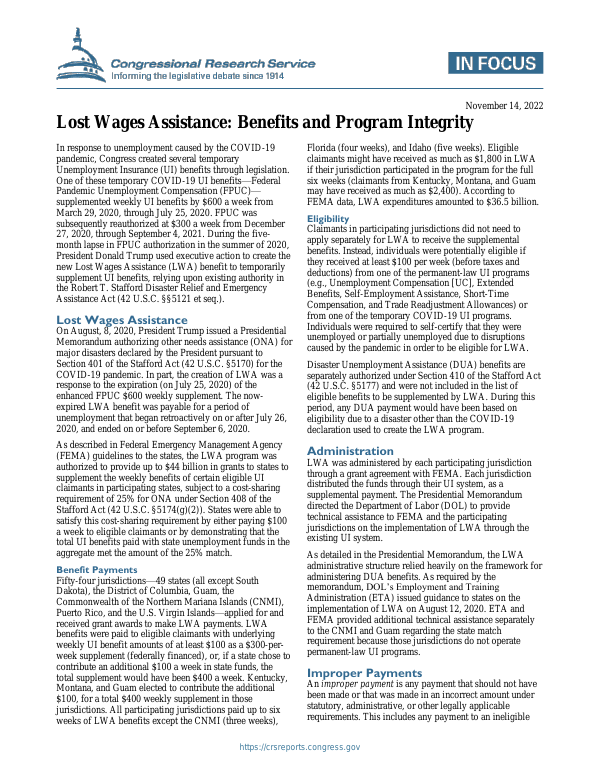 Lost Wages Assistance: Benefits and Program Integrity - EveryCRSReport.com