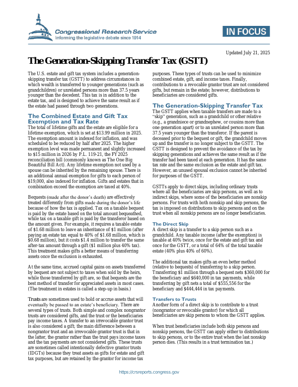 Gstt Project The Generation-Skipping Transfer Tax (GSTT) - EveryCRSReport.com