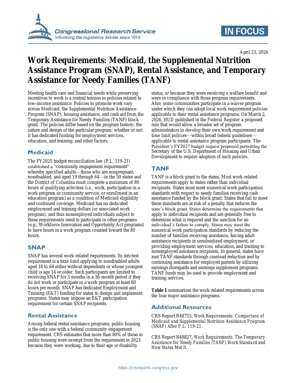 Work Requirements: Medicaid, the Supplemental Nutrition Assistance ...