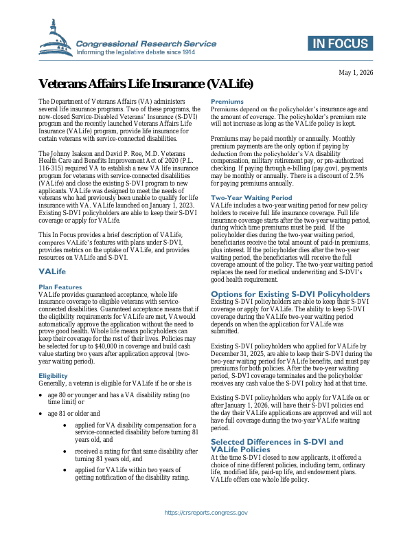 Veterans Affairs Life Insurance (VALife) - EveryCRSReport.com
