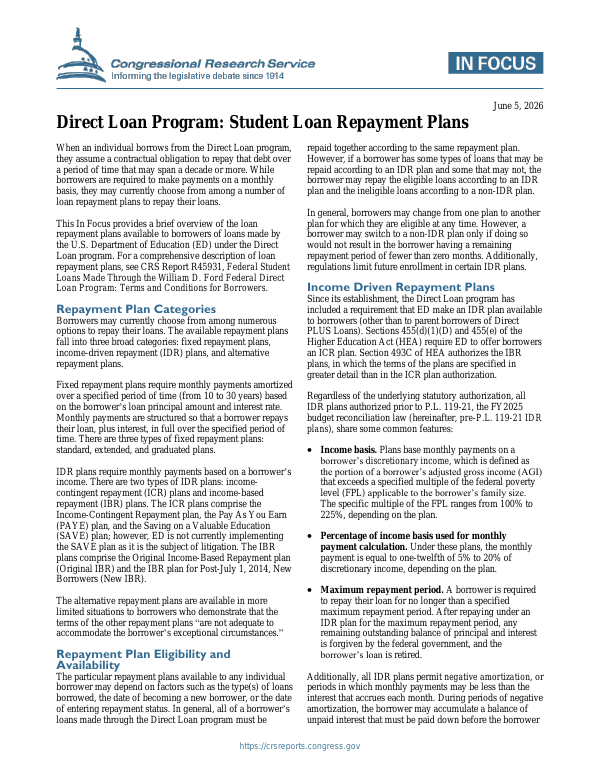 Direct Loan Program: Student Loan Repayment Plans - EveryCRSReport.com
