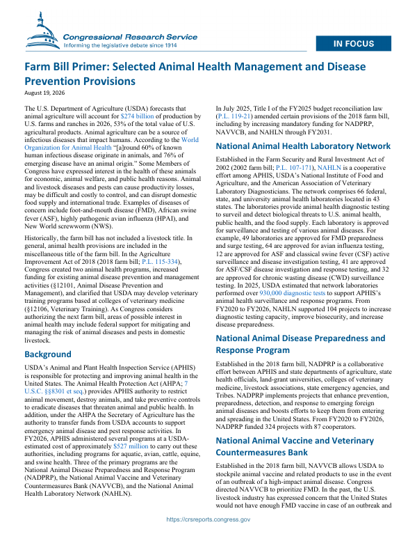 Farm Bill Primer: Selected Animal Health Management and Disease Prevention Provisions