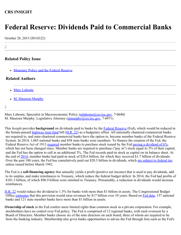 Federal Reserve Dividends Paid To Commercial Banks EveryCRSReport