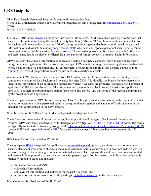 OPM Data Breach: Personnel Security Background Investigation Data ...