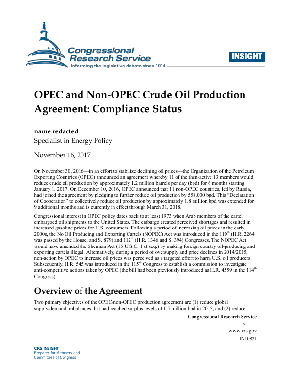 OPEC and Non-OPEC Crude Oil Production Agreement: Compliance Status ...