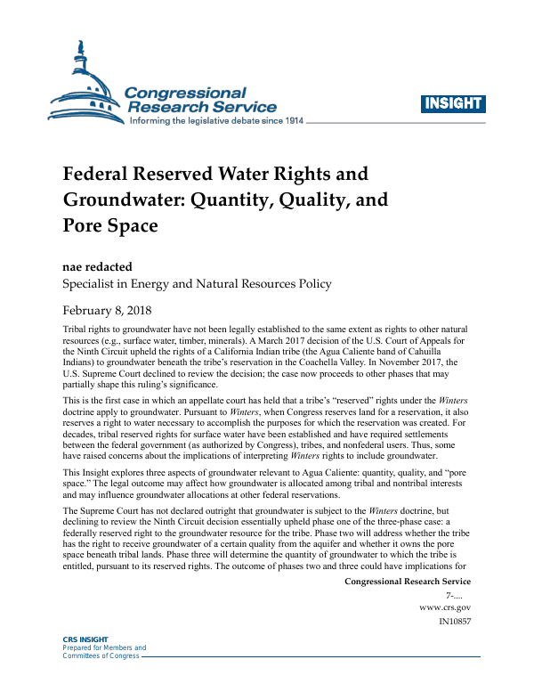 Federal Reserved Water Rights and Groundwater: Quantity, Quality, and ...