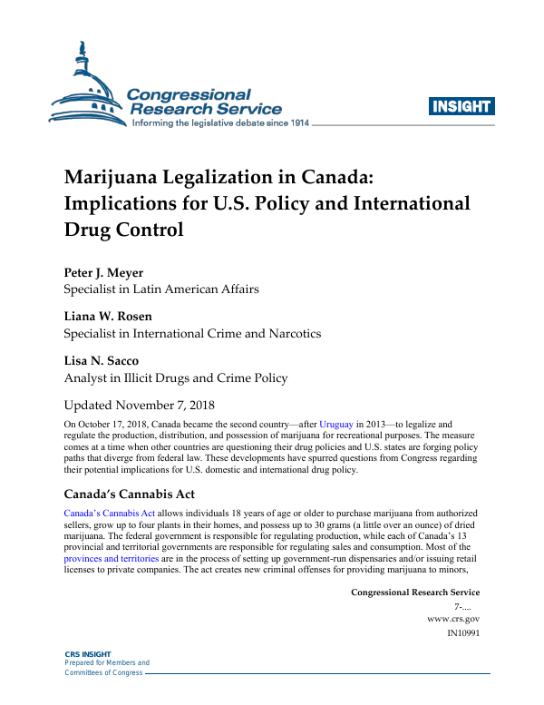 Marijuana Legalization in Canada Implications for U.S. Policy and International Drug Control