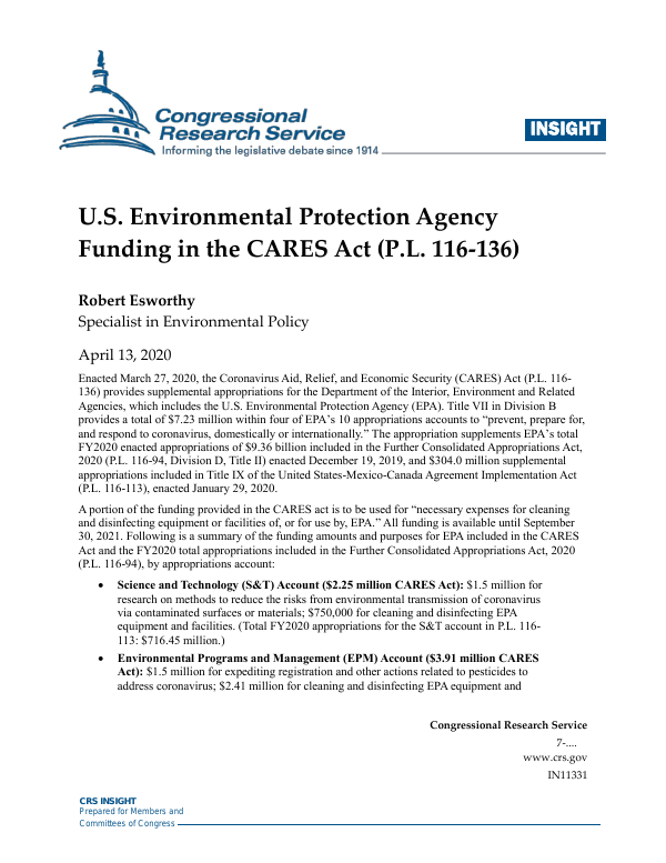 U.S. Environmental Protection Agency Funding in the CARES Act (P.L. 116