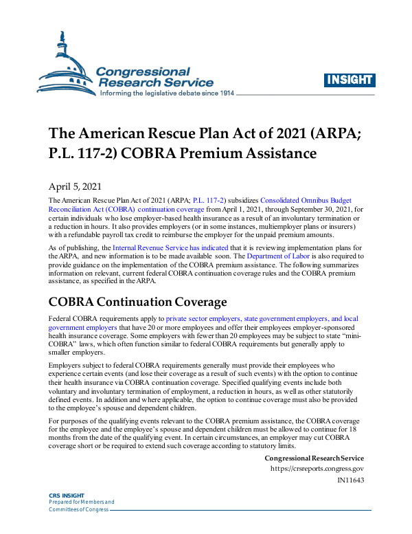 The American Rescue Plan Act of 2021 (ARPA; P.L. 117-2) COBRA Premium ...
