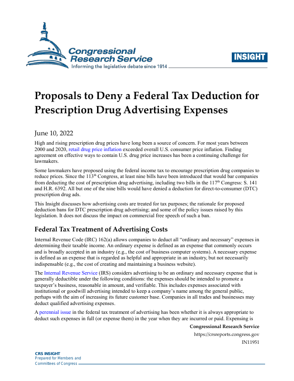 Proposals to Deny a Federal Tax Deduction for Prescription Drug