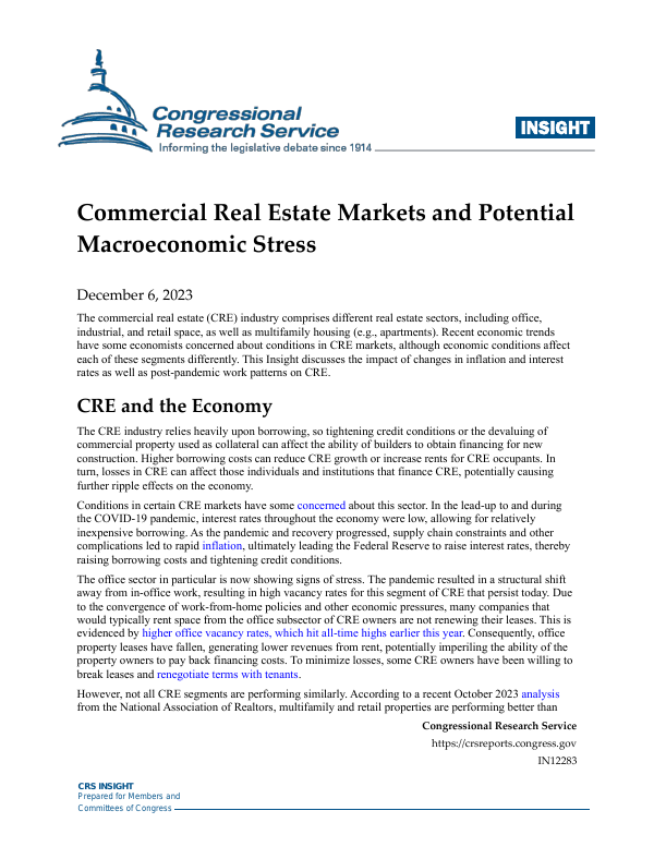 Commercial Real Estate Markets and Potential Macroeconomic Stress