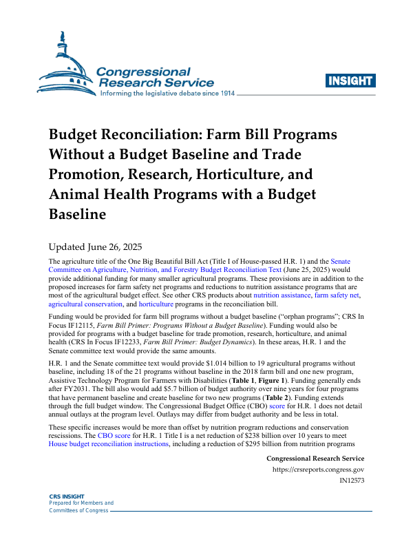 Resolution Farm Program Budget Reconciliation: Farm Bill Programs Without a Budget Baseline and ...