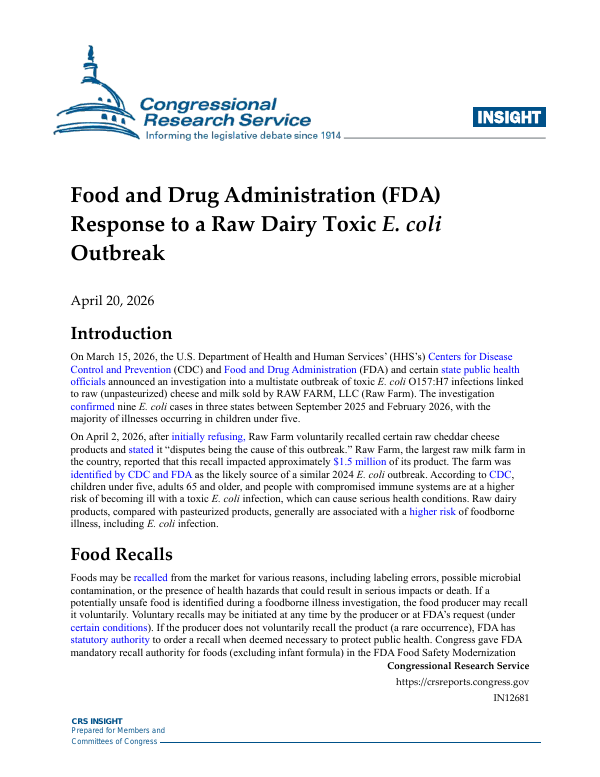 Food and Drug Administration (FDA) Response to a Raw Dairy Toxic E ...
