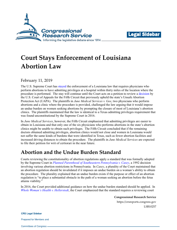 Court Stays Enforcement of Louisiana Abortion Law