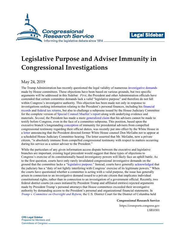 Legislative Purpose and Adviser Immunity in Congressional ...