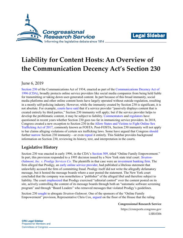 Liability for Content Hosts An Overview of the Communication Decency