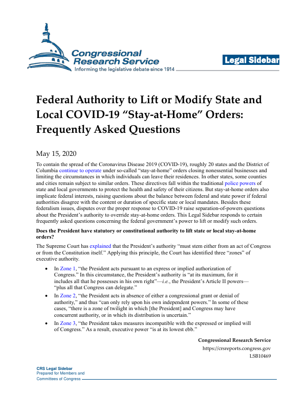 Federal Authority to Lift or Modify State and Local COVID19 “Stayat