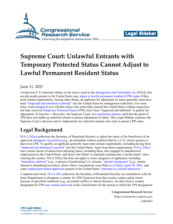 Supreme Court Unlawful Entrants with Temporary Protected Status Cannot