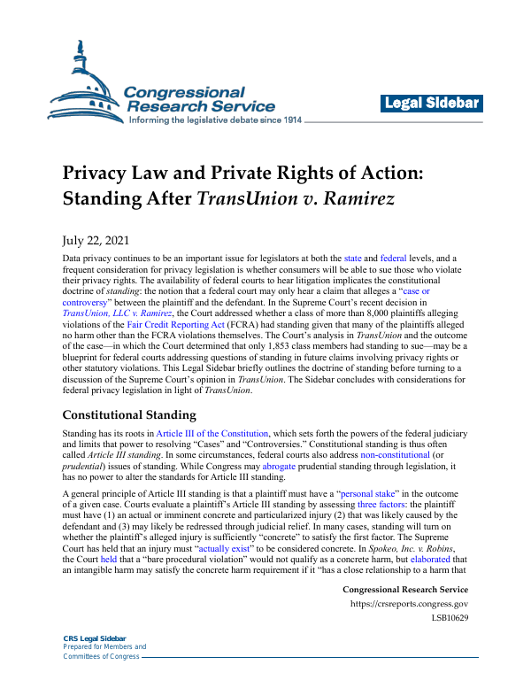Privacy Law and Private Rights of Action: Standing After TransUnion v ...
