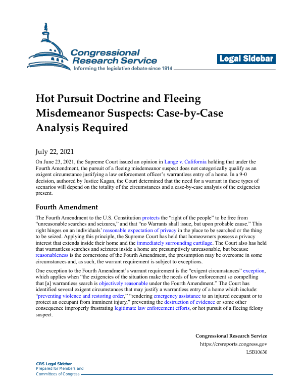 Hot Pursuit Doctrine and Fleeing Misdemeanor Suspects CasebyCase