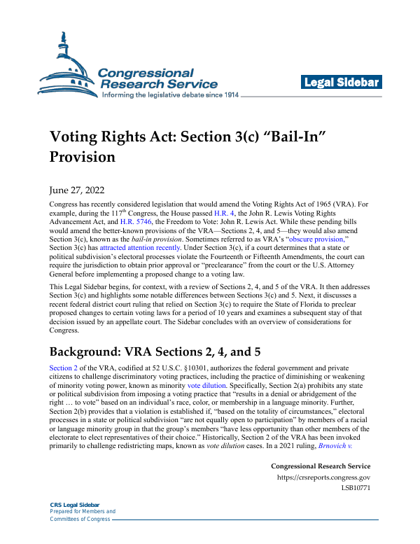 Voting Rights Act: Section 3(c) “Bail-In” Provision - EveryCRSReport.com
