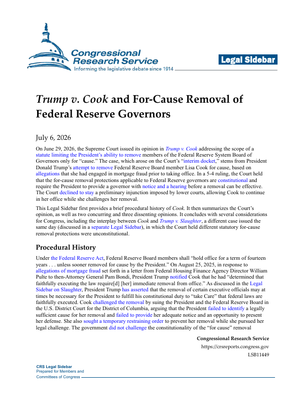 Trump v. Cook: Fed Governor Removal Powers Examined