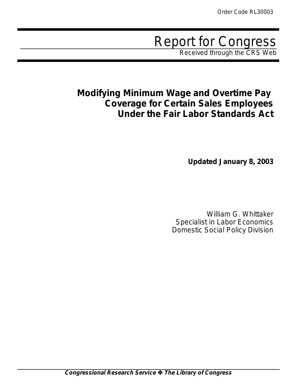 Minimum Coverage Fair Modifying Minimum Wage and Overtime Pay Coverage for Certain Sales ...