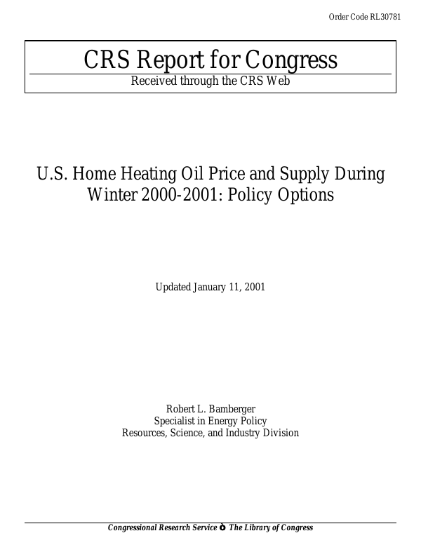 U.S. Home Heating Oil Price and Supply During Winter 20002001 Policy