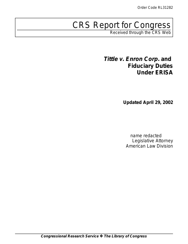 Tittle v. Enron Corp. and Fiduciary Duties Under ERISA Report of Investigation of Enron Corpo-