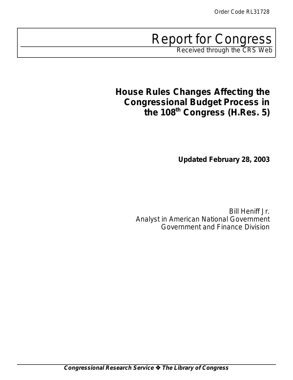 House Rules Changes Affecting the Congressional Budget Process in the ...