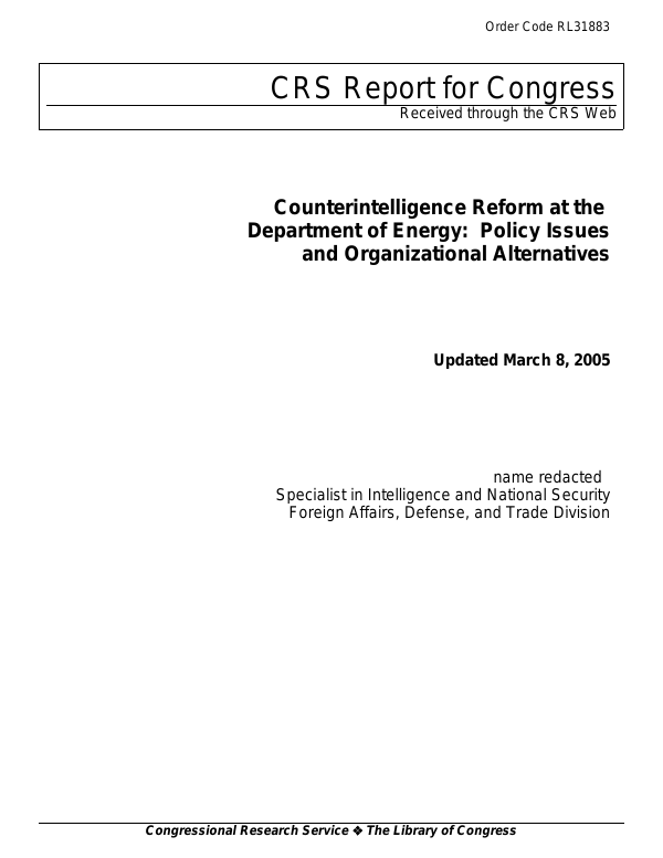Counterintelligence Reform at the Department of Energy: Policy Issues ...