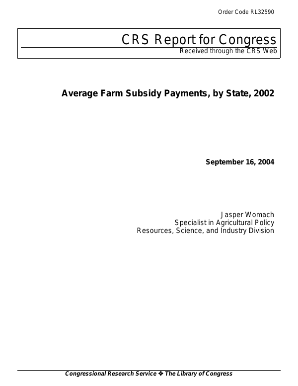Average Farm Subsidy Payments, by State, 2002