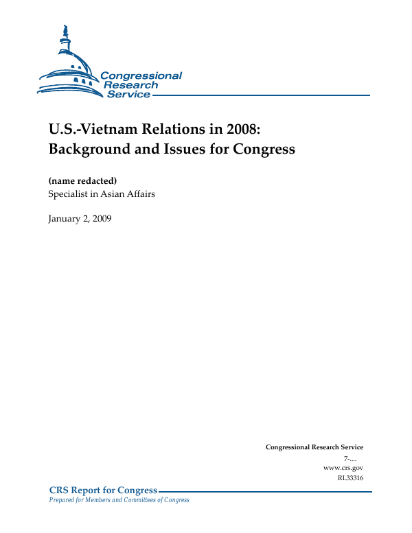 U S Vietnam Relations In 2008 Background And Issues For Congress Everycrsreport Com