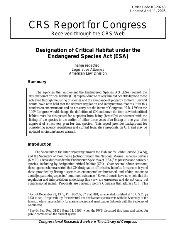Designation of Critical Habitat under the Endangered Species Act (ESA)