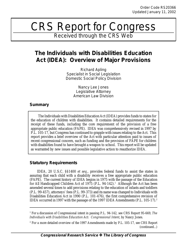 The Individuals with Disabilities Education Act (IDEA): Overview of ...