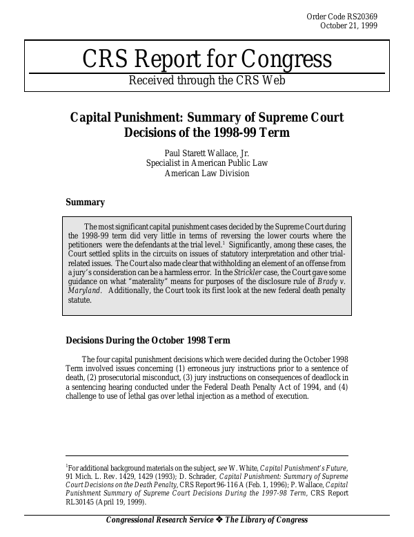 Capital Punishment Summary Of Supreme Court Decisions Of The 1998 99 