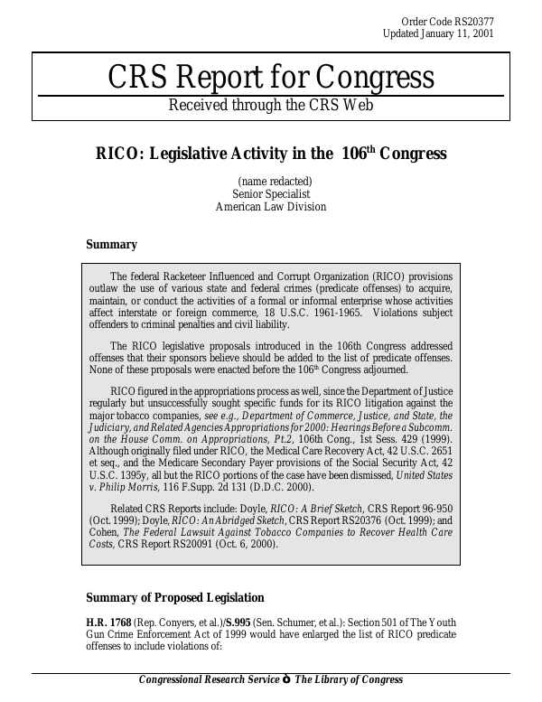 RICO: Legislative Activity in the 106th Congress - EveryCRSReport.com