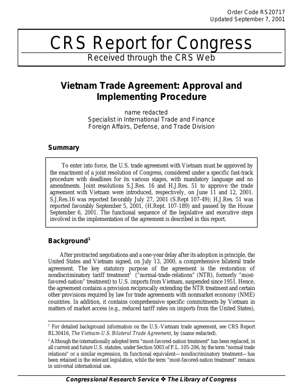 Vietnam Trade Agreement: Approval and Implementing Procedure ...